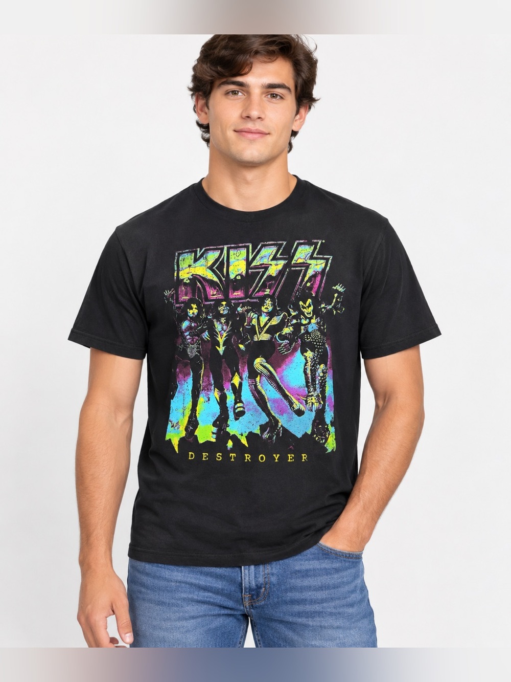 KISS Destroyer Graphic T Shirt Black Neon Rock Band Concert Tee